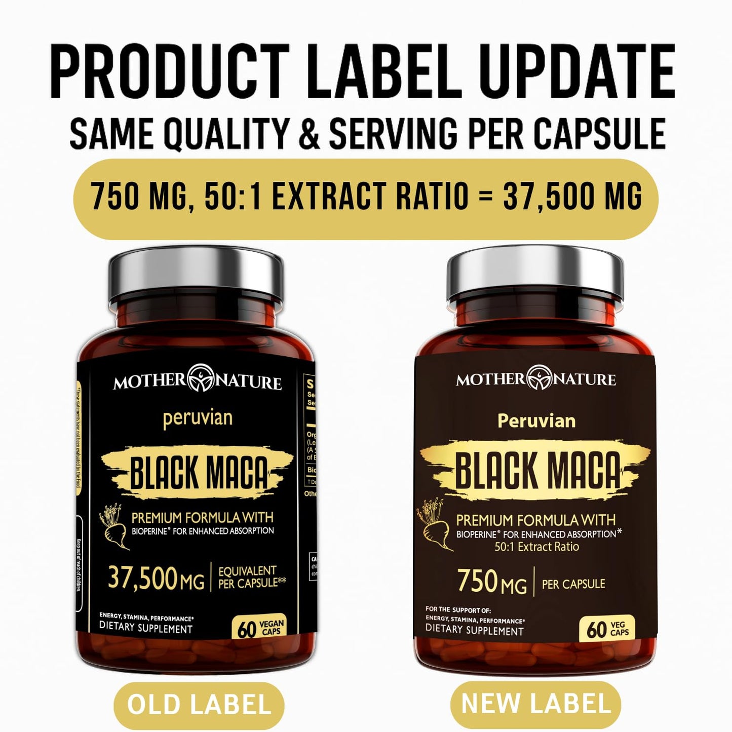 Black Maca Root 50:1 Extract 37,500mg – 60 Capsules | Organic Peruvian Maca