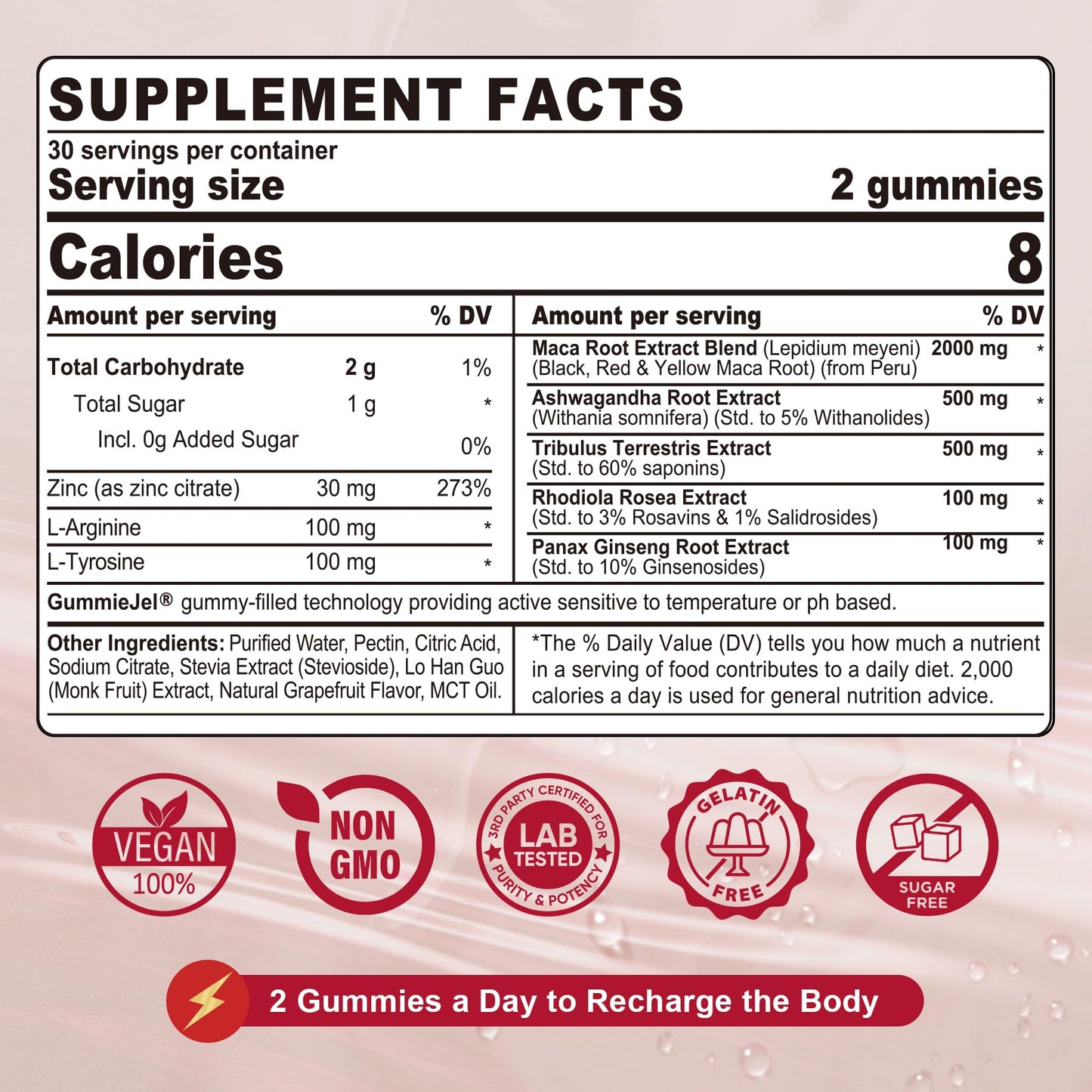 Maca Root Filled Gummies 2000mg for Women & Men – Sugar Free, Ashwagandha & Zinc | Grapefruit Flavor (60 Count)