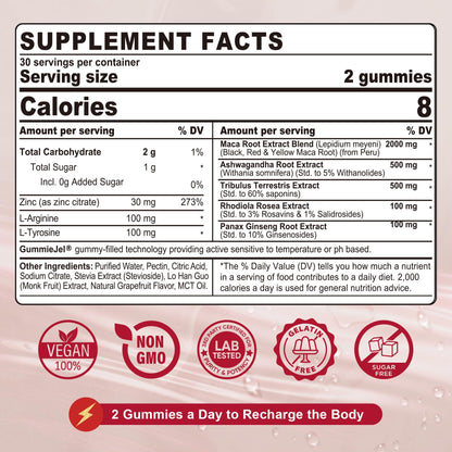 Maca Root Filled Gummies 2000mg for Women & Men – Sugar Free, Ashwagandha & Zinc | Grapefruit Flavor (60 Count)