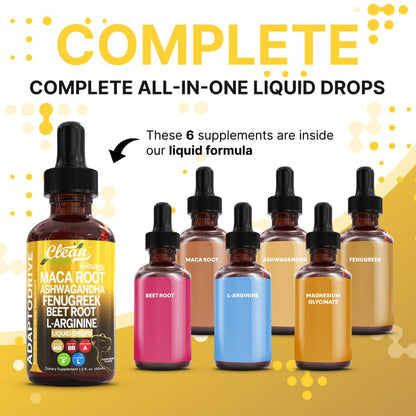 Clean Nutra Maca Root Liquid Drops - Ashwagandha, Beet & L-Arginine | For Women & Men | Adapto Drive