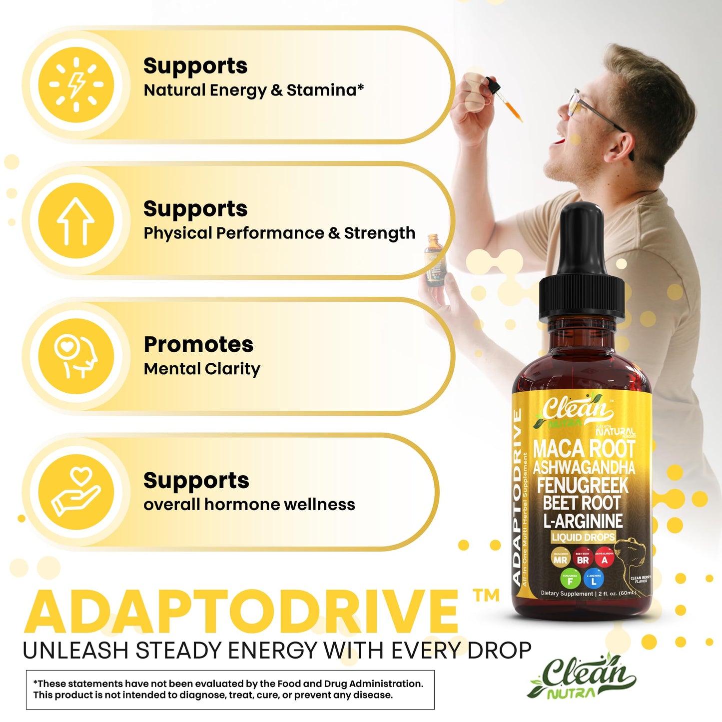 Clean Nutra Maca Root Liquid Drops - Ashwagandha, Beet & L-Arginine | For Women & Men | Adapto Drive