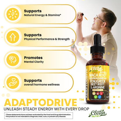 Clean Nutra Maca Root Liquid Drops - Ashwagandha, Beet & L-Arginine | For Women & Men | Adapto Drive