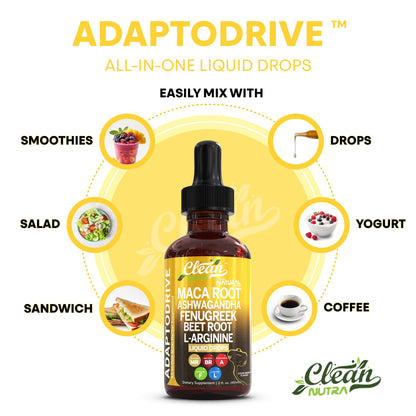 Clean Nutra Maca Root Liquid Drops - Ashwagandha, Beet & L-Arginine | For Women & Men | Adapto Drive