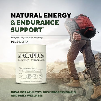 MACAPLUS+ Black Maca Root + Ashwagandha + Fenugreek - #1 Highest Potency Black Maca Root 40,000mg 40x Strength Organic Capsules for Men and Women Supplement 100% Pure Maca Peruana 40:1 Powder Pills