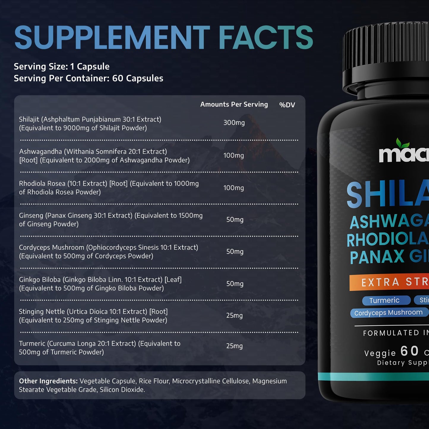 MACRO VITAL Shilajit 8-in-1 Supplement for Men & Women | 60 Veggie Capsules