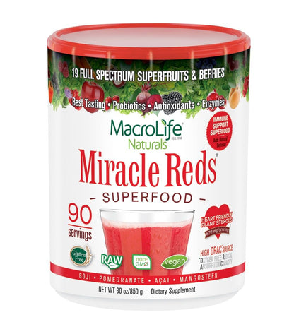 MacroLife Naturals Miracle Reds Superfood Powder – 19 Superfruits, Probiotics & Enzymes, 30oz (90 Servings)