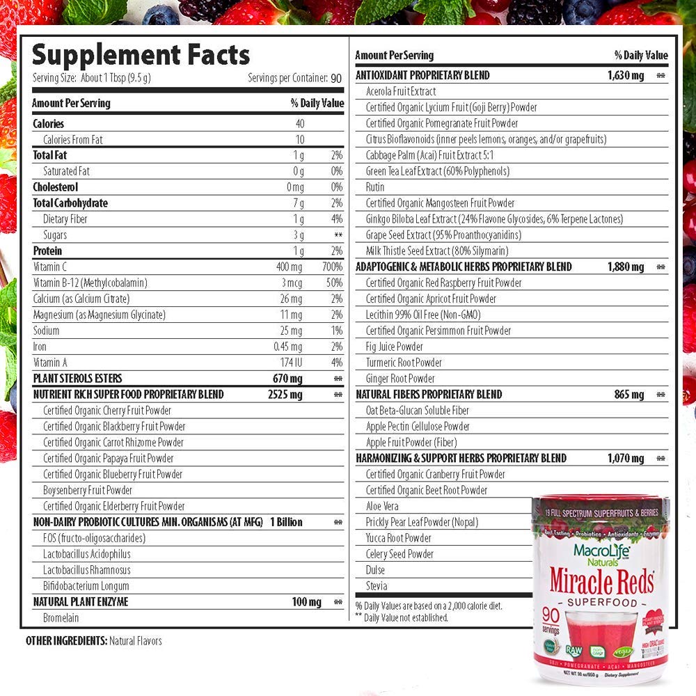 MacroLife Naturals Miracle Reds Superfood Powder – 19 Superfruits, Probiotics & Enzymes, 30oz (90 Servings)
