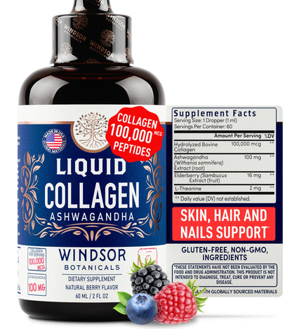 Liquid Collagen Drops with Ashwagandha & L-Theanine – 100,000 mcg, Hair, Skin & Nails, Mood & Energy – 2oz (60 Servings)
