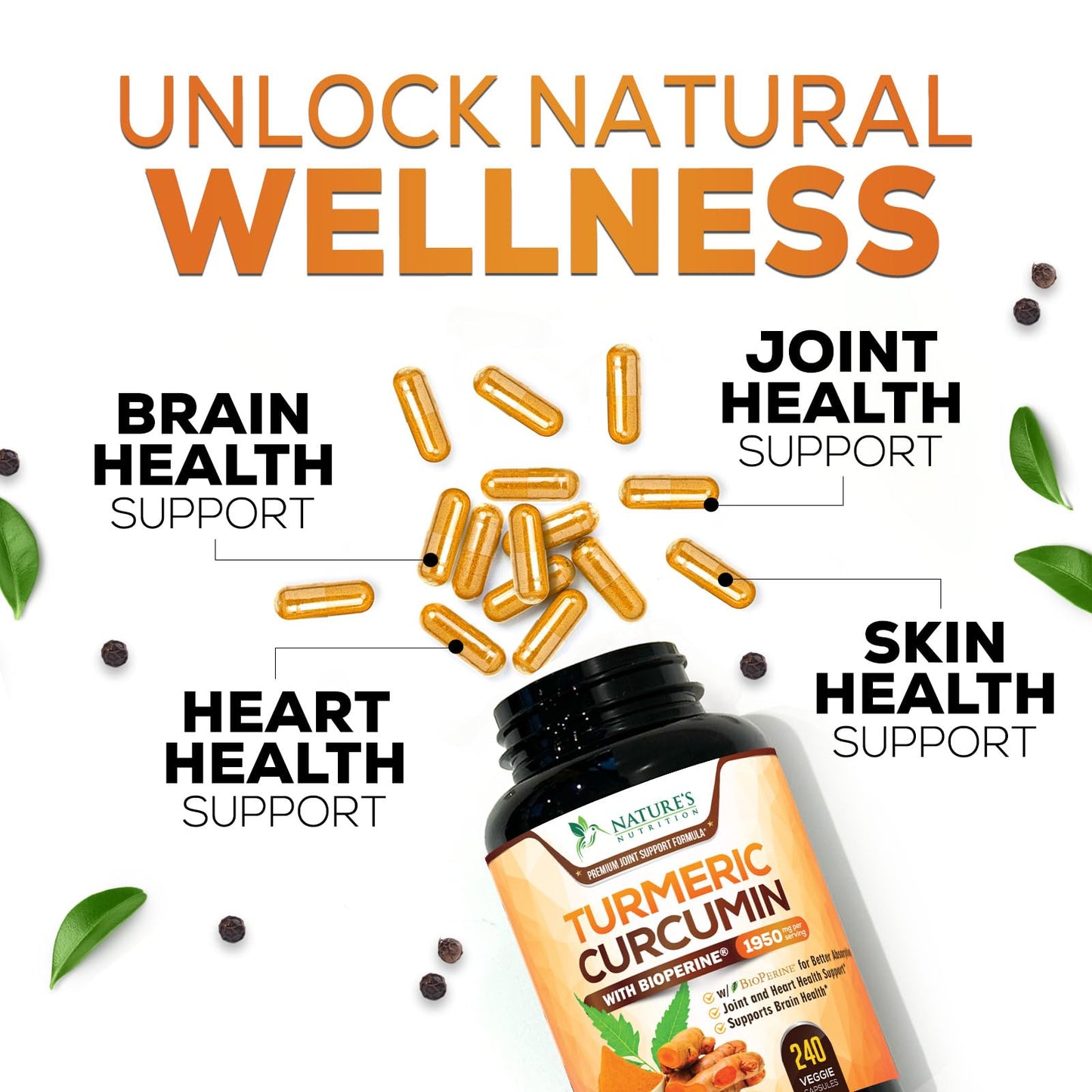 Turmeric Curcumin 1950mg with Bioperine – 95% Curcuminoids, 240 Vegan Capsules, Made in USA