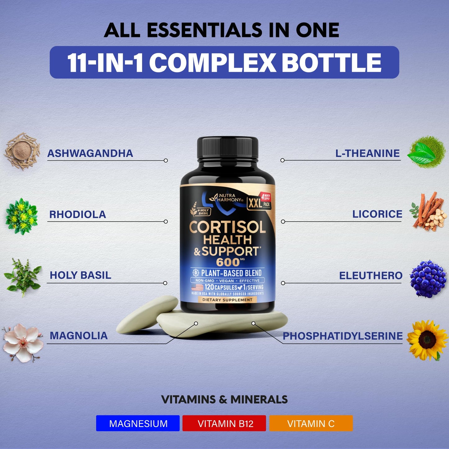 Cortisol Support for Women – Plant-Based Balance (Ashwagandha, Rhodiola, L-Theanine) | Nutraharmony