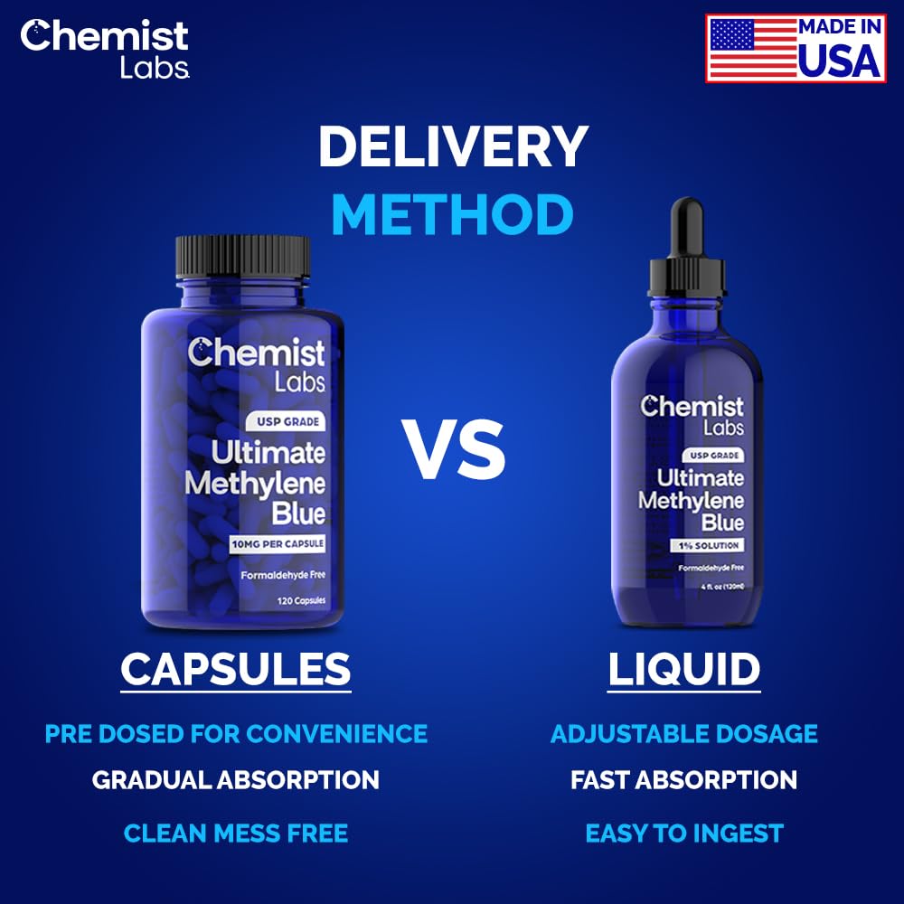 Chemist Labs Methylene Blue Capsules – USP Grade 99% Purity, Made in USA (120 Count)