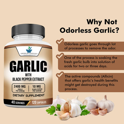 American Standard Garlic 2400mg per Serving with Black Pepper – 120 Capsules (Pack of 2) | Vegan, Gluten Free