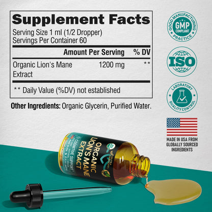 Lions Mane Liquid - USDA Organic Lion's Mane Supplement for Brain Support, Memory & Focus – 72,000 mg / Bottle, 2 fl oz