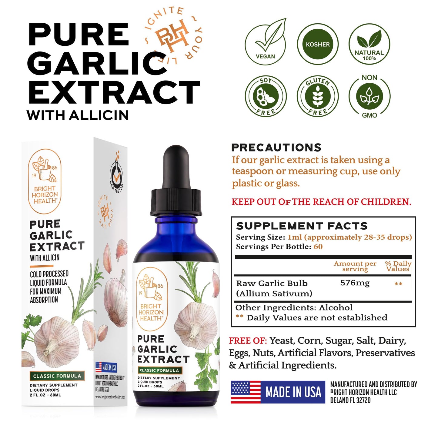 Pure Garlic Extract with Allicin Classic Formula – Immune Support, 2 oz | Vegan Friendly