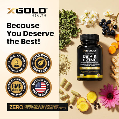 Vitamin D3 5000 IU + K2 MK7/MK4/K1, Zinc, Quercetin, Elderberry, Turmeric & Echinacea – 8-in-1 Plant-Based (120 capsules)