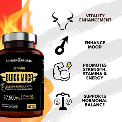 Mother Nature Black Maca 50:1 Extract – 37,500mg per Serving, 180 Vegan Capsules for Men