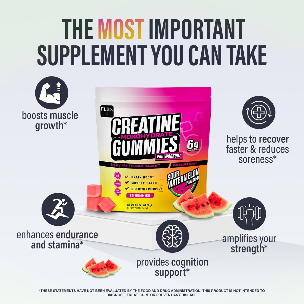 Creatine PreWorkout Gummies - 6g Monohydrate Per Serving | Vegan Watermelon | 120 Ct