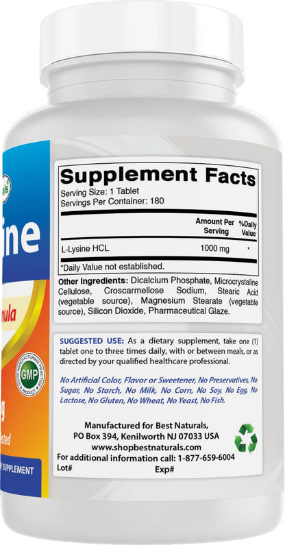 Best Naturals L-Lysine 1000mg – 180 Tablets per Bottle, 3 Bottles Pack