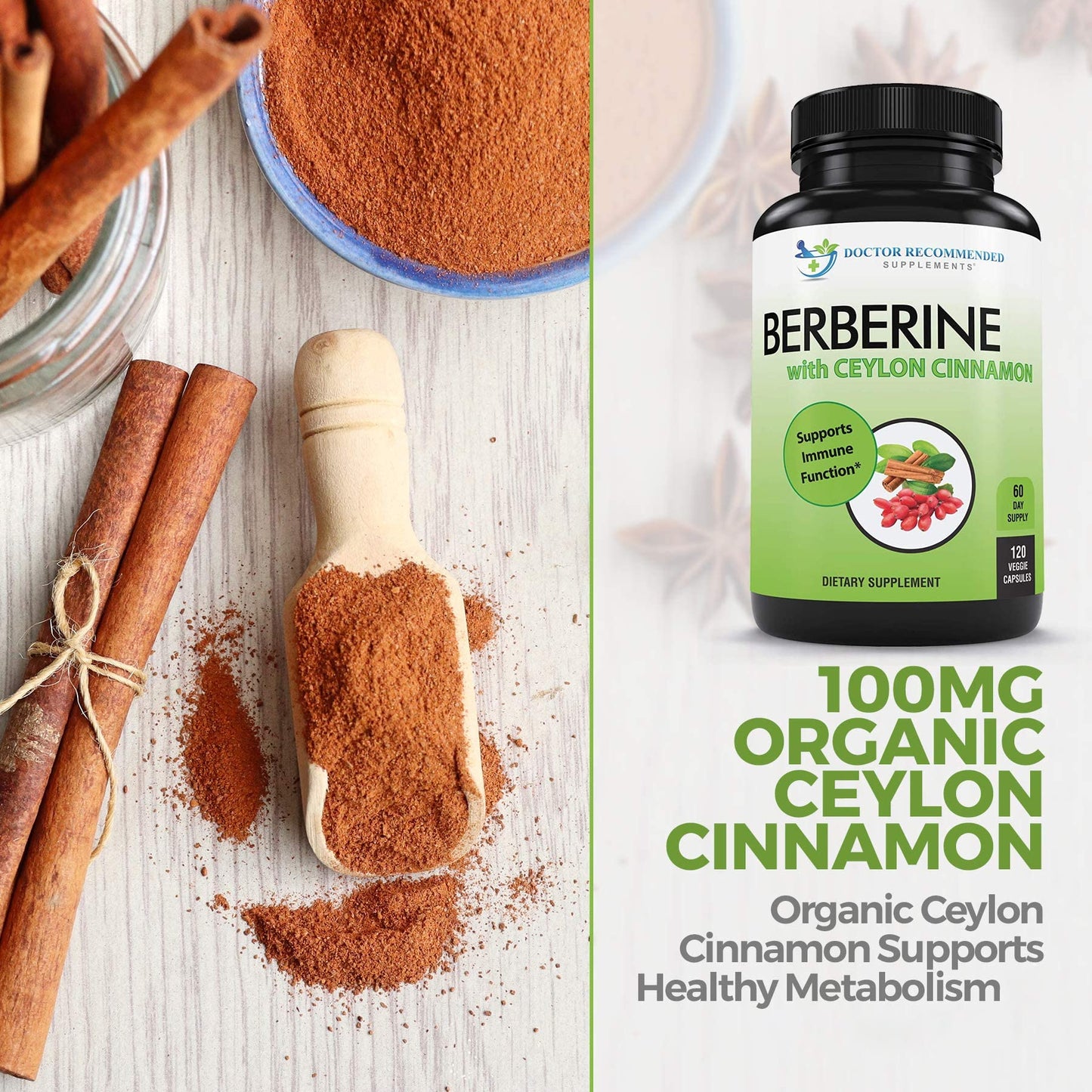 Doctor Recommended Berberine with Ceylon Cinnamon - 1200mg Berberine & 100mg Cinnamon, 120 Veggie Capsules