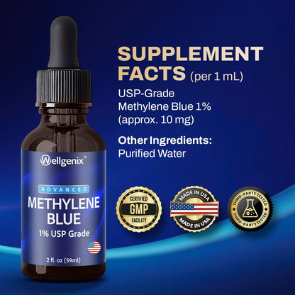 Wellgenix Methylene Blue Drops 1% USP Grade – Pharmaceutical Grade, Formaldehyde-Free (2 fl oz)