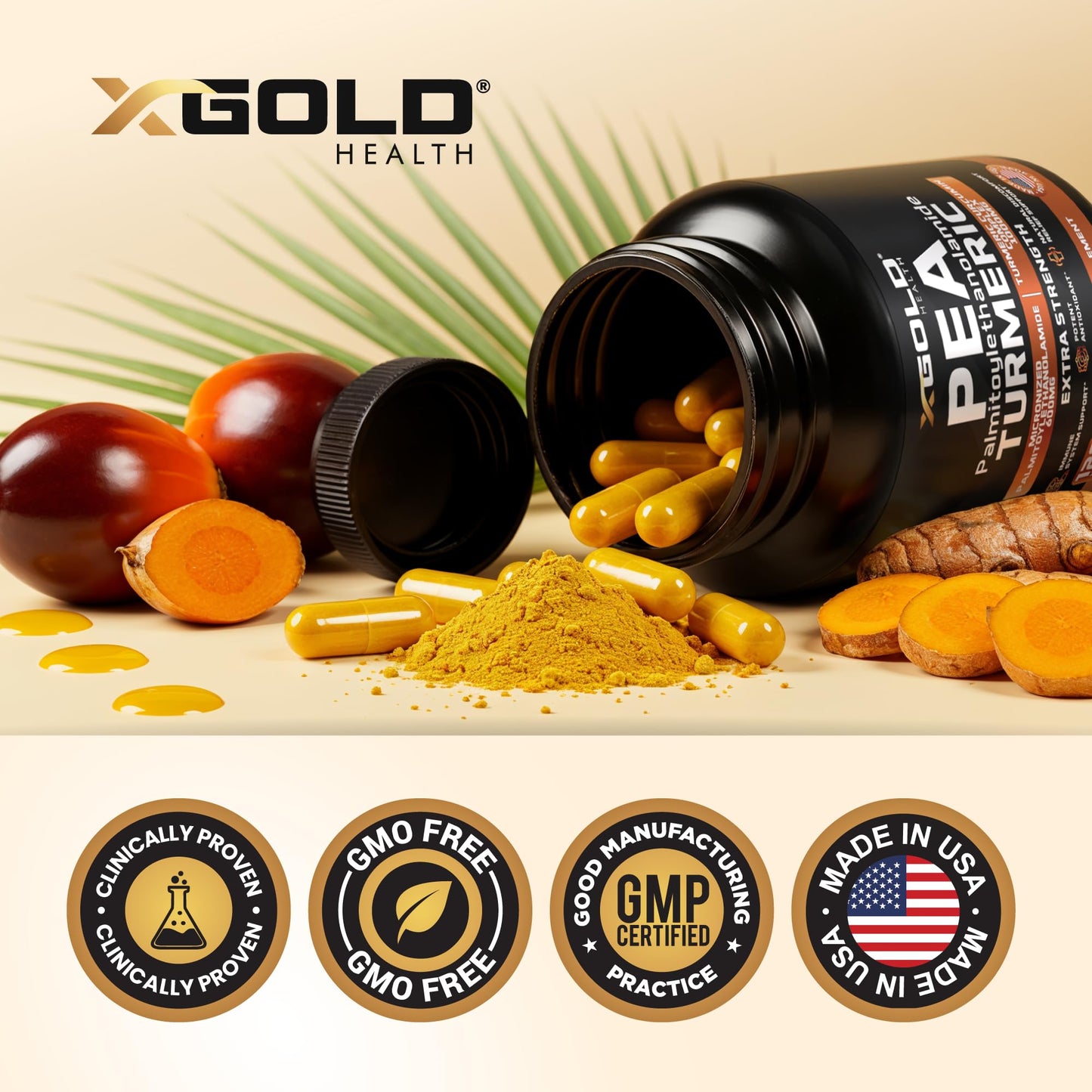 X Gold Health Pea PEA + Turmeric Curcumin Complex – 1600mg Micronized, 99% PEA & 95% Curcuminoids – Joint Support, Mobility & Comfort – Made in USA