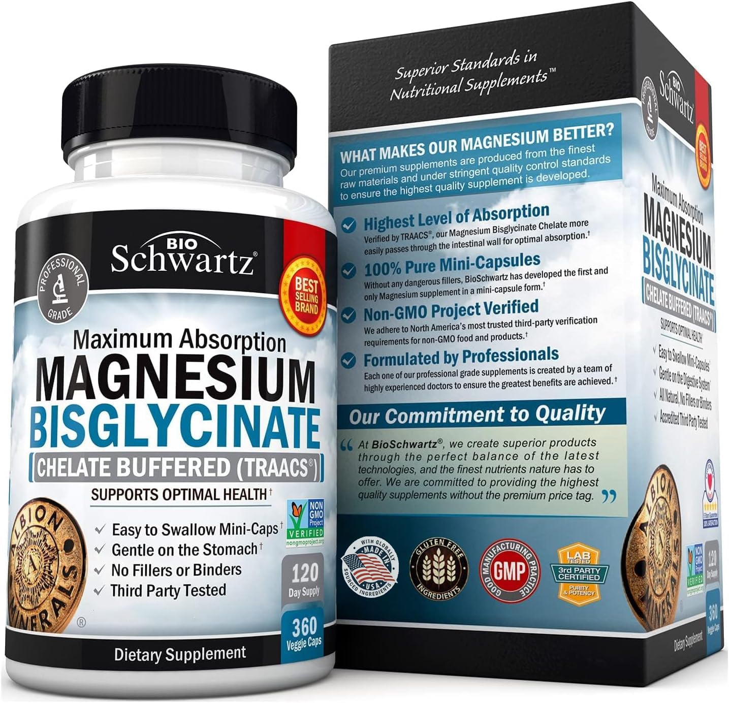 Magnesium Bisglycinate Chelated Supplement – High Absorption, 360 Capsules