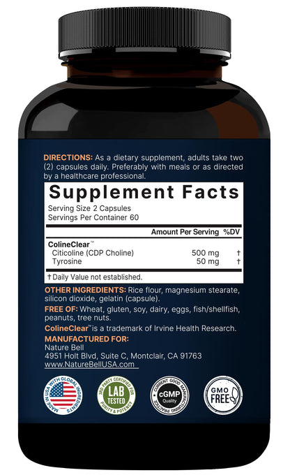 NatureBell Citicoline 500mg + Tyrosine 50mg – 120 Capsules | Dual Action Brain Support