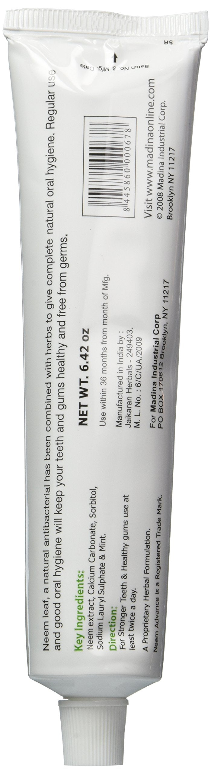 Madina 100% Vegetable Base Neem Toothpaste 6.42oz with Mint – Natural Oral Care
