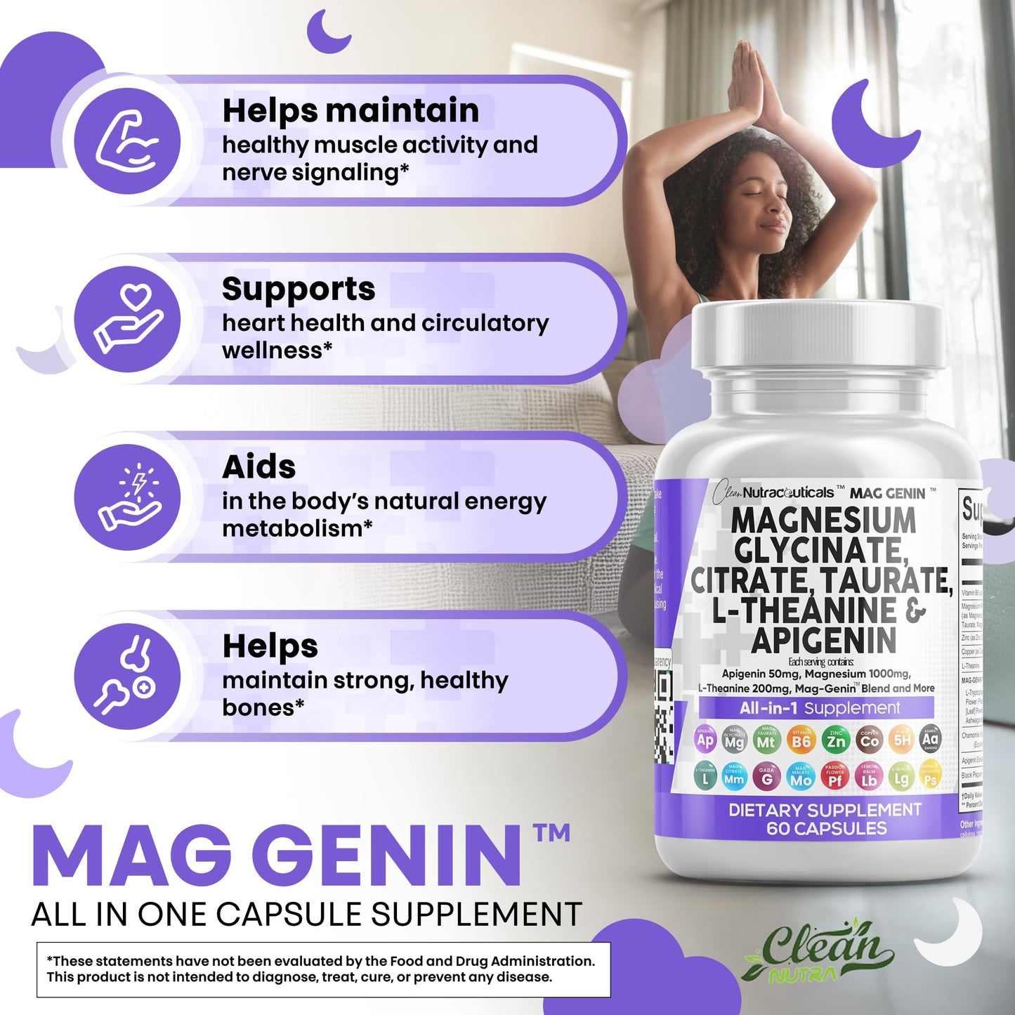 Clean Nutraceuticals Magnesium Glycinate Complex 1000mg with L-Theanine 200mg and Apigenin 50mg Citrate Taurate – 60 Count Pack of 2