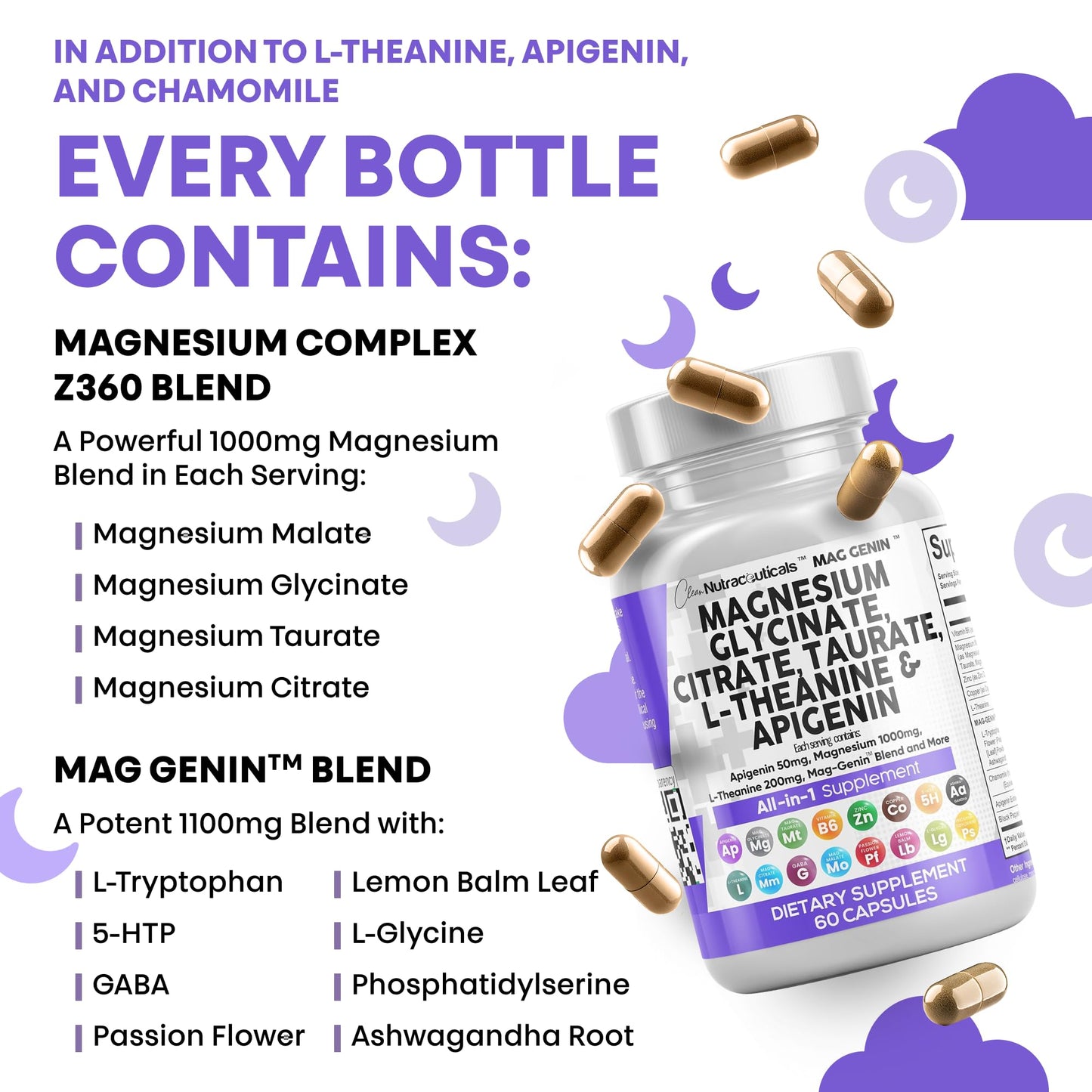 Clean Nutraceuticals Magnesium Glycinate Complex 1000mg with L-Theanine 200mg and Apigenin 50mg Citrate Taurate – 60 Count Pack of 2