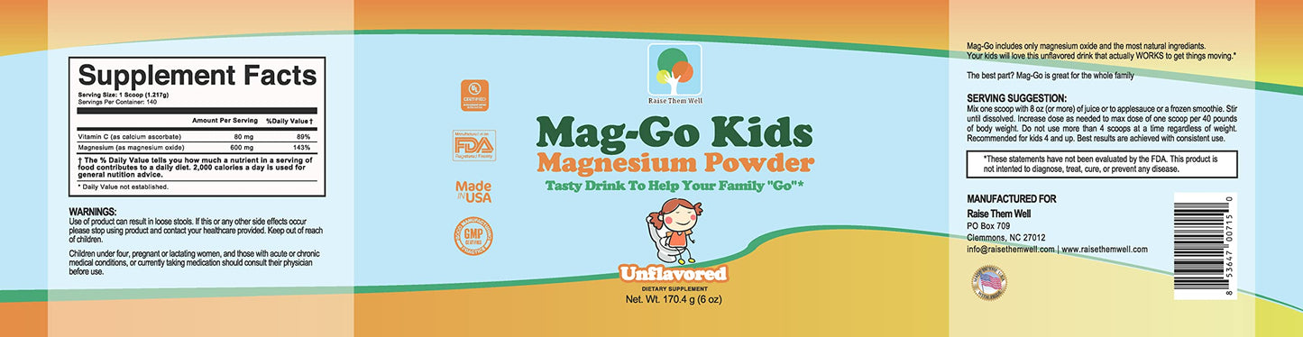 Raise Them Well Mag-Go Kids Magnesium Powder – Constipation Relief (Unflavored) | 140 Servings