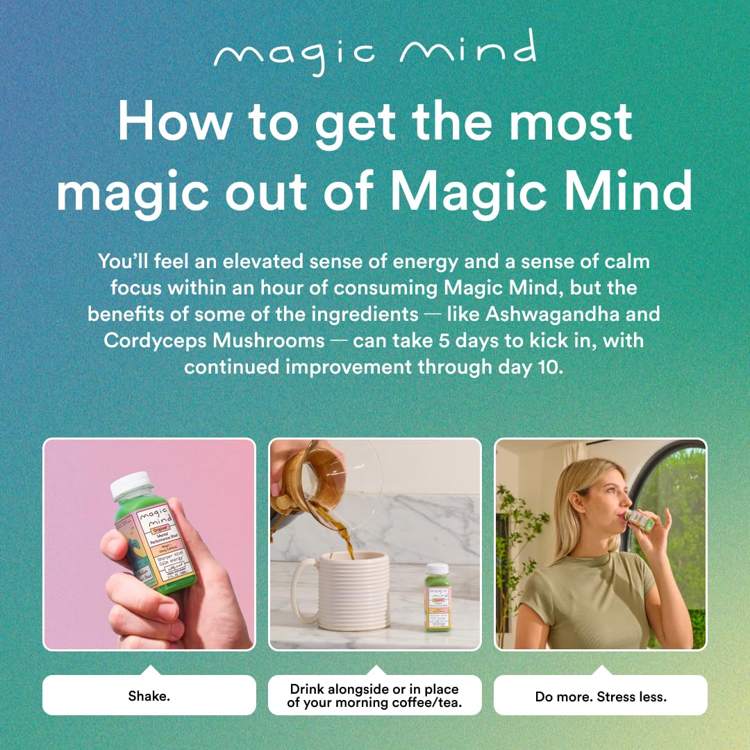 Magic Mind Focus Energy Drink Shots – No Jitters, Stress Relief, Matcha, Ashwagandha, Mushrooms | 2 fl oz (30 Pack)