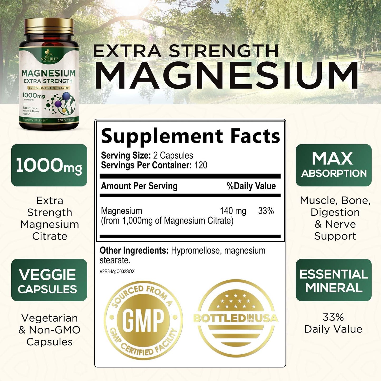 Magnesium 1000 mg Citrate - High Potency Mineral Support (Bone, Heart, Nerves & Muscles) - 240 Capsules