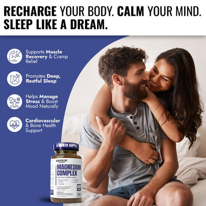 Magnesium Complex Supplement – 4 Month Supply (120 Capsules, 500mg) 5-in-1 Max Absorption for Calm, Sleep & Leg Cramps