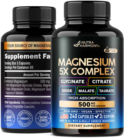 Magnesium 5-in-1 Complex 500 mg – Glycinate, Citrate, Malate, Taurate, Oxide | Made in USA