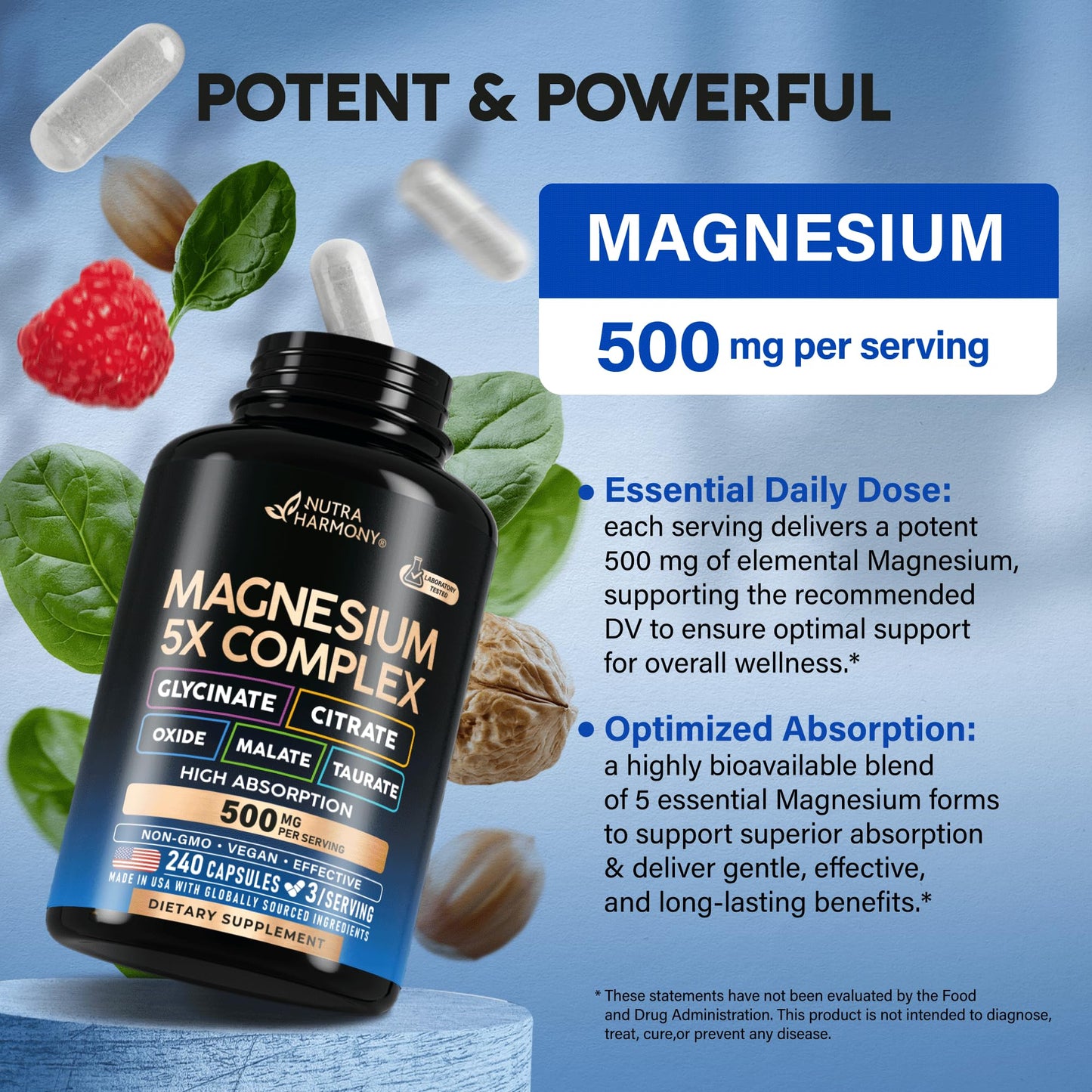Magnesium 5-in-1 Complex 500 mg – Glycinate, Citrate, Malate, Taurate, Oxide | Made in USA