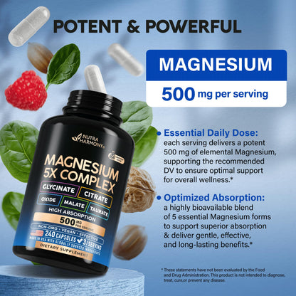 Magnesium 5-in-1 Complex 500 mg – Glycinate, Citrate, Malate, Taurate, Oxide | Made in USA
