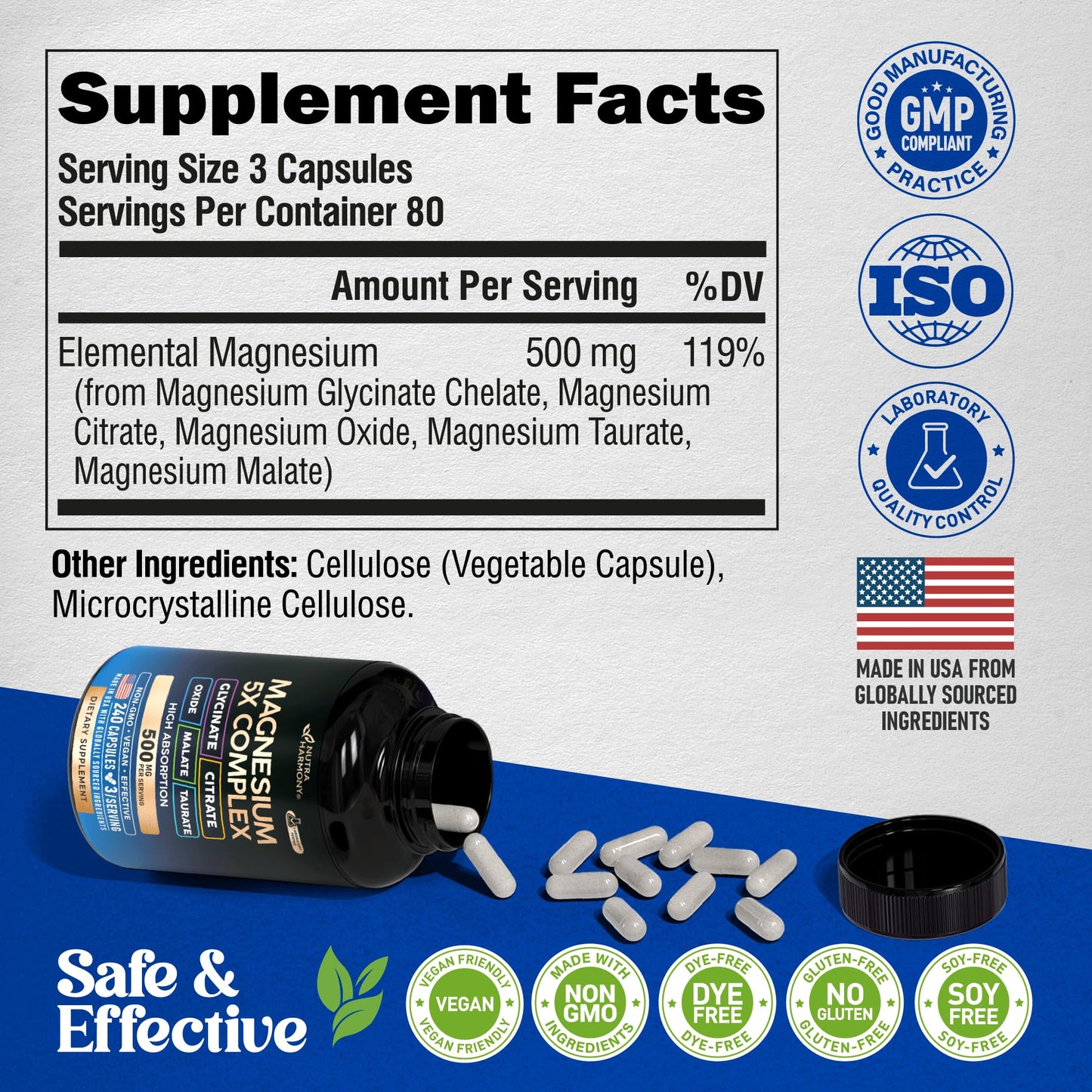 Magnesium 5-in-1 Complex 500 mg – Glycinate, Citrate, Malate, Taurate, Oxide | Made in USA