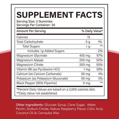Triple Magnesium Complex Gummies 900 mg – Mg Glycinate, Citrate & Malate with Potassium, Ca & Vitamin B6 | Vegan, Non-GMO, Gluten Free – 60 Gummies