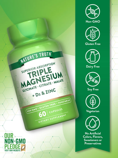 Nature's Truth Triple Magnesium Complex - 60 Capsules | Glycinate, Citrate & Malate + D3 & Zinc
