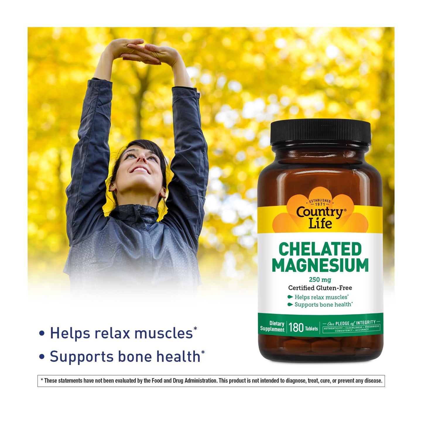 Country Life Chelated Magnesium 250mg - Supports Heart, Bone & Muscle Health | Vegan-Friendly, Gluten-Free