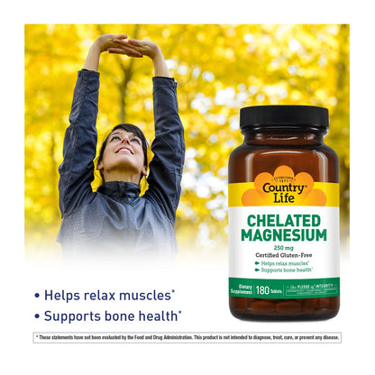 Country Life Chelated Magnesium 250mg - Supports Heart, Bone & Muscle Health | Vegan-Friendly, Gluten-Free