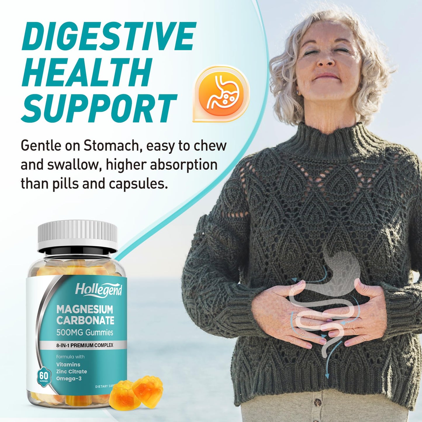 Magnesium Carbonate Gummies 500mg Complex with D3 & K2 – Sugar Free Mango Flavor, 60 Count
