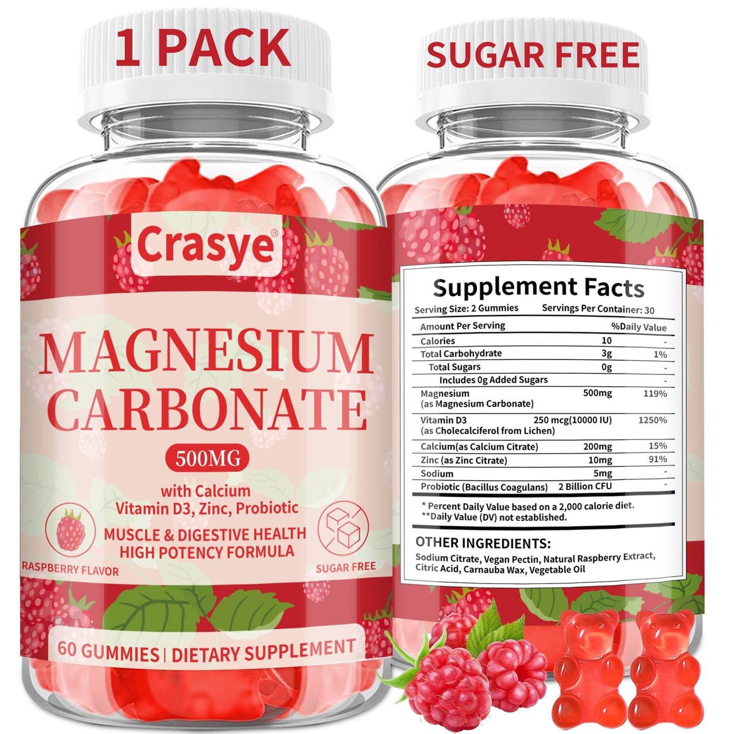 Magnesium Carbonate Gummies 500mg – Sugar Free, Probiotic, Vitamin D3
