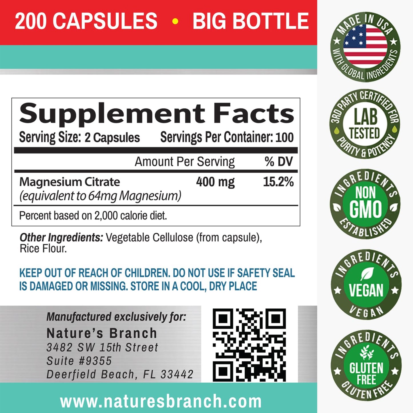 Magnesium Citrate 400mg - 200 Capsules | High Potency, Vegan, Made in USA