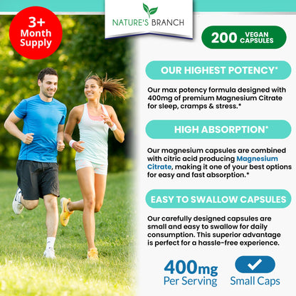 Magnesium Citrate 400mg - 200 Capsules | High Potency, Vegan, Made in USA