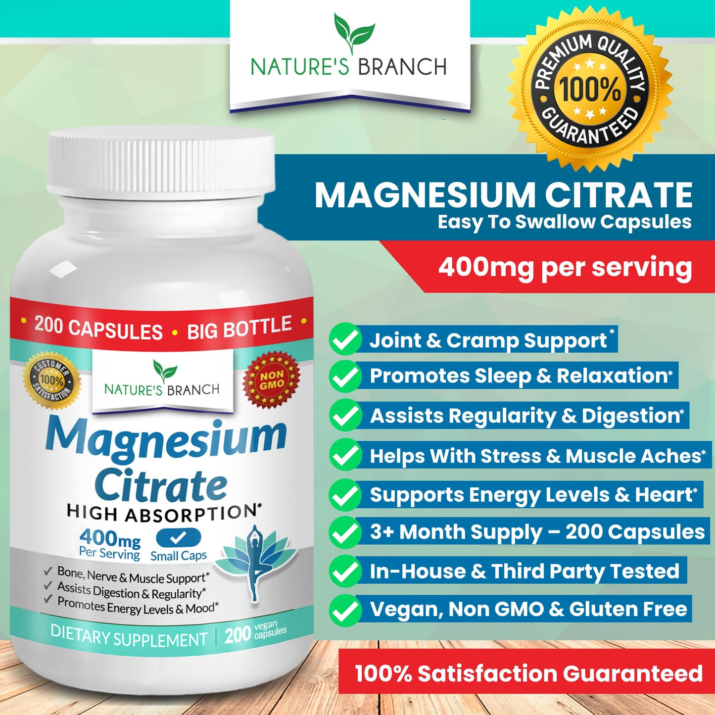 Magnesium Citrate 400mg - 200 Capsules | High Potency, Vegan, Made in USA