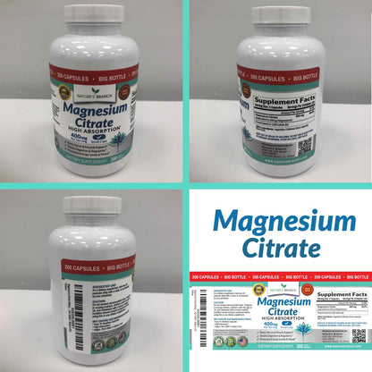 Magnesium Citrate 400mg - 200 Capsules | High Potency, Vegan, Made in USA