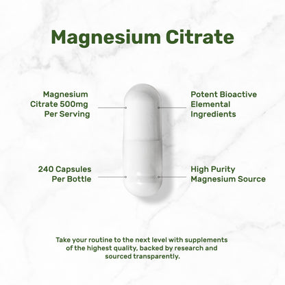 Magnesium Citrate 500mg | 240 Capsules | Easily Absorbed, Non-GMO | Muscle, Heart & Digestive Support