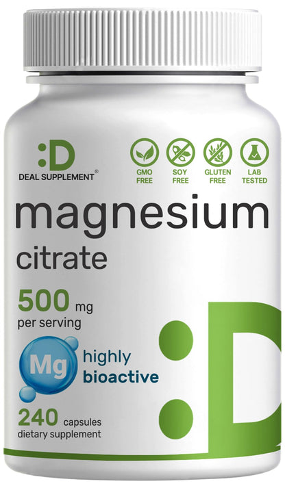 Magnesium Citrate 500mg | 240 Capsules | Easily Absorbed, Non-GMO | Muscle, Heart & Digestive Support